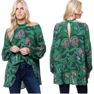 Free People Abstract Keyhole Neck Balloon Sleeve Tunic Blouse Size XS